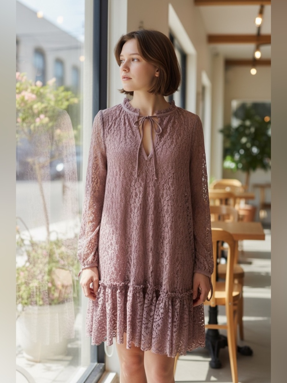 Free People Dusty Rose Lace Tie-Neck Long Sleeve Mini Dress